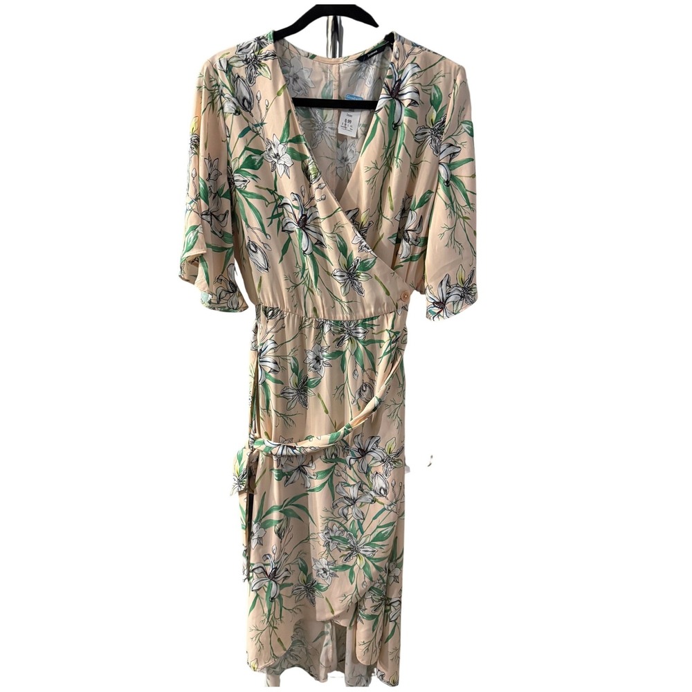 Betabrand Floral Wrap Dress Peach Pink Lily Print High Low Midi Flutter Sleeve M